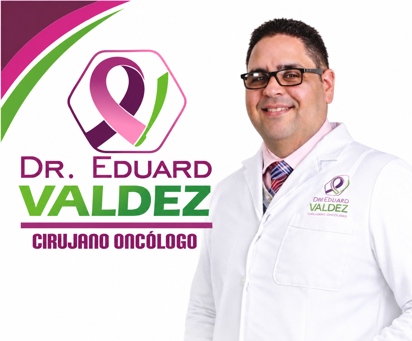 Dr. Eduard Valdez, cirujano oncólogo, junto a su logo profesional